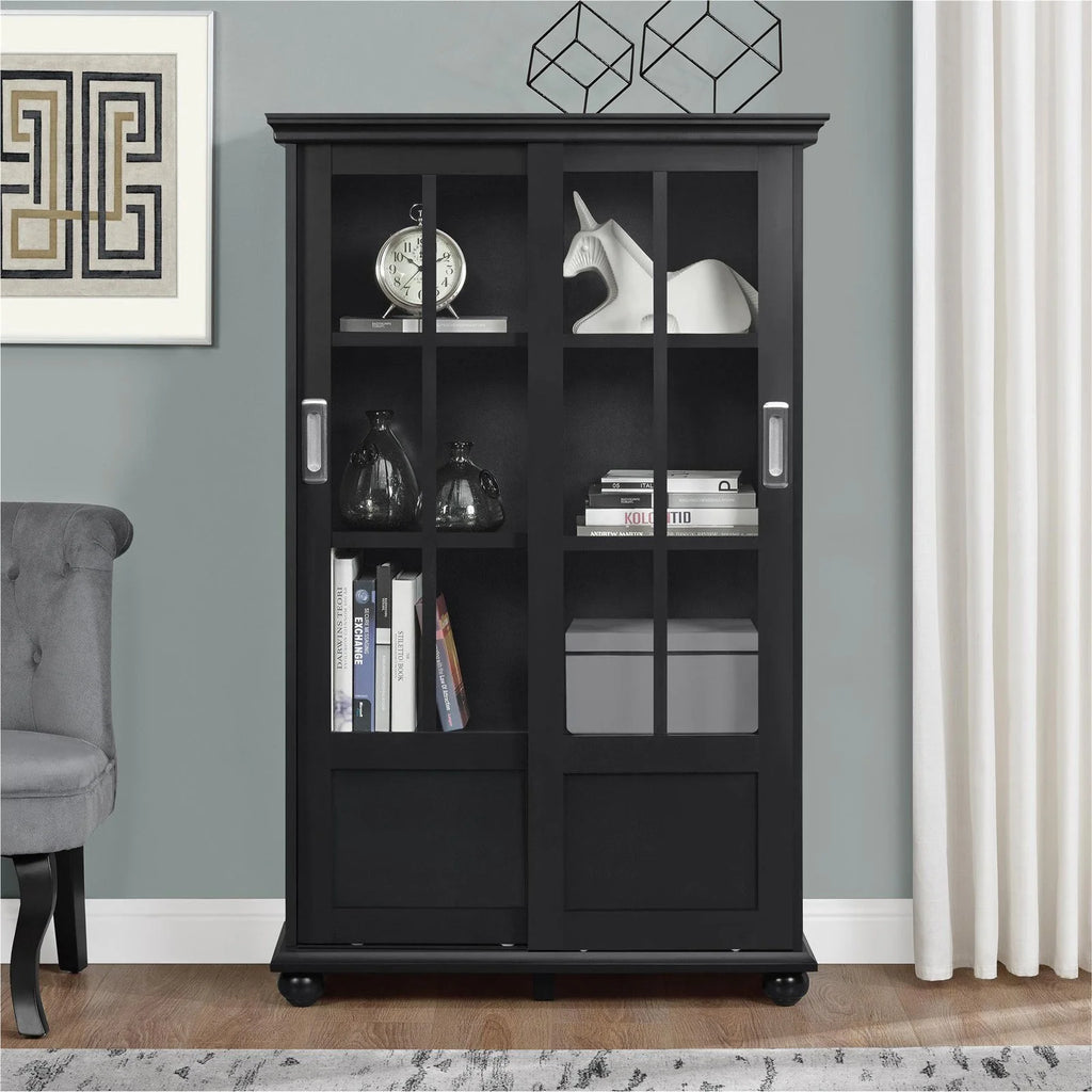 Black Bookcase with Sliding Glass Doors H1463