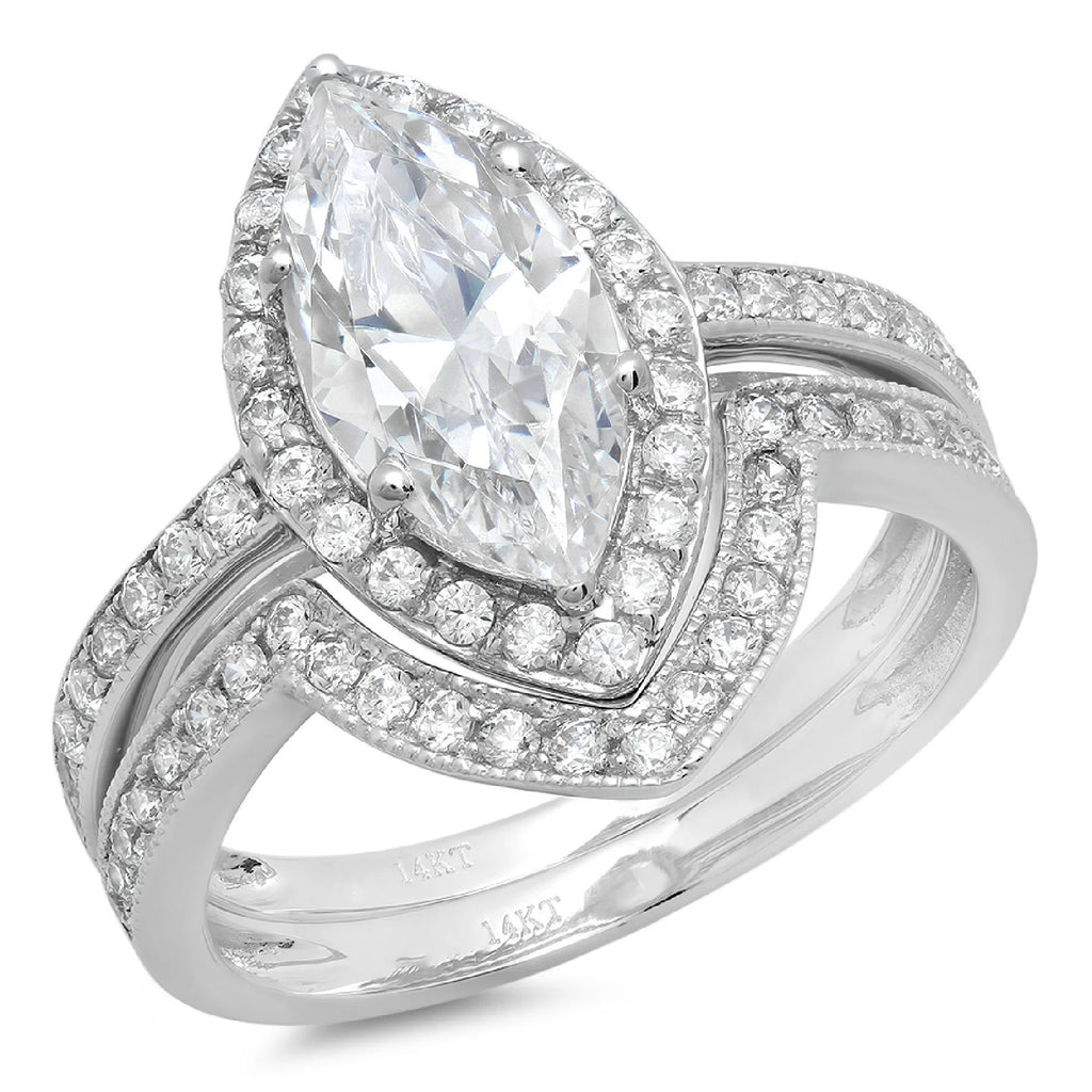14k White Gold Marquise Cut Simulated Blue Sapphire Halo Ring Band Set Size 10.75 U24972