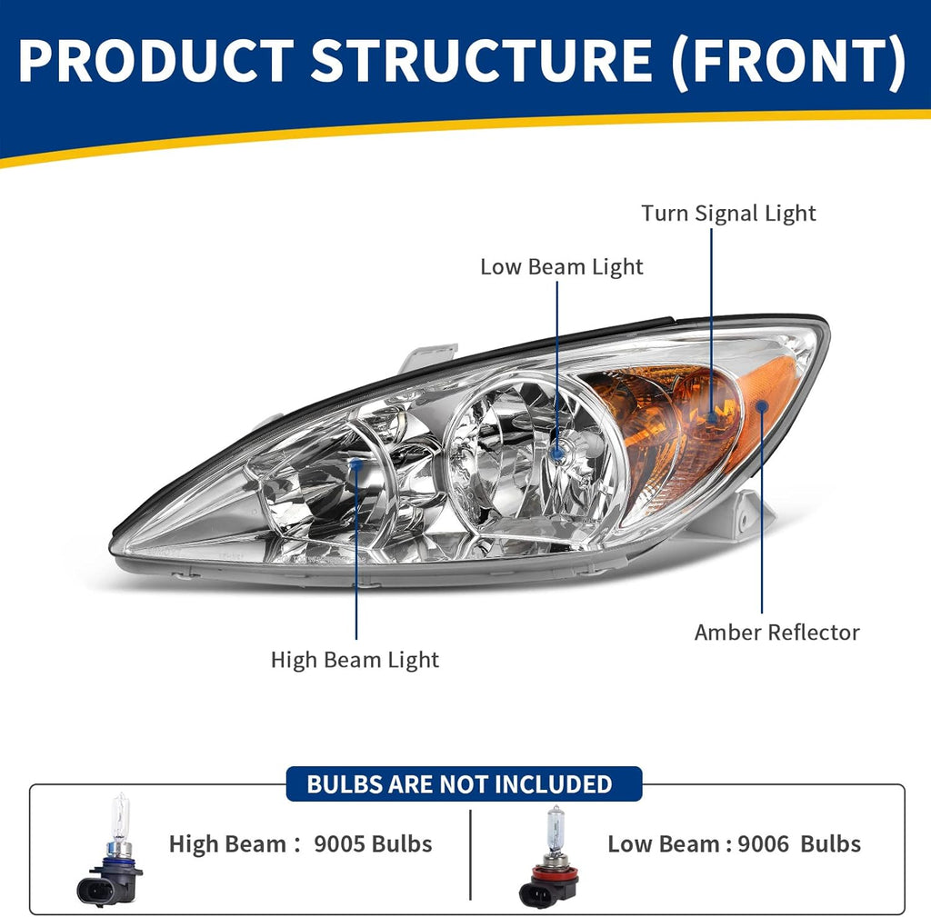 Headlight Assembly for CAMRY 2002 2003 2004 Chrome Housing Amber Reflector Clear Lens U651