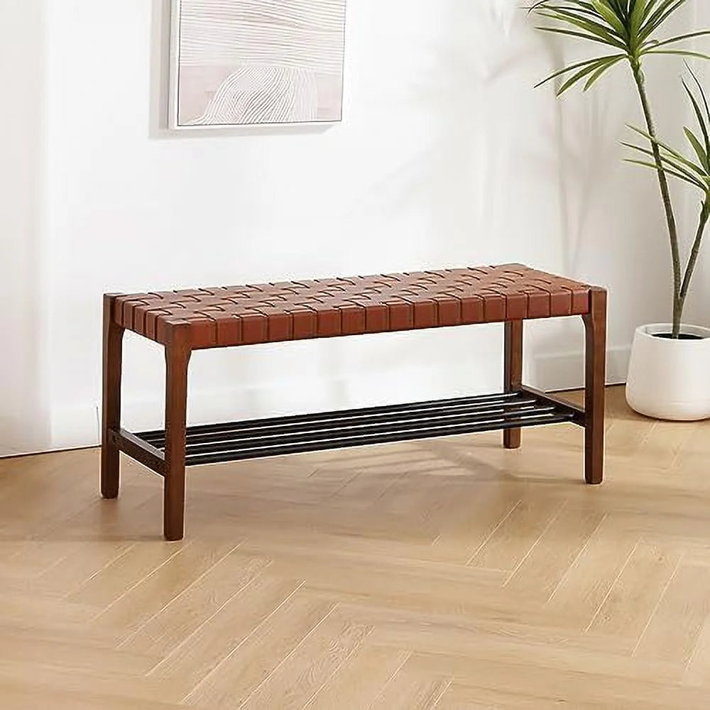 Rustic Wood 45 Inch Woven Accent Bench with Metal Shoe Rack D79896