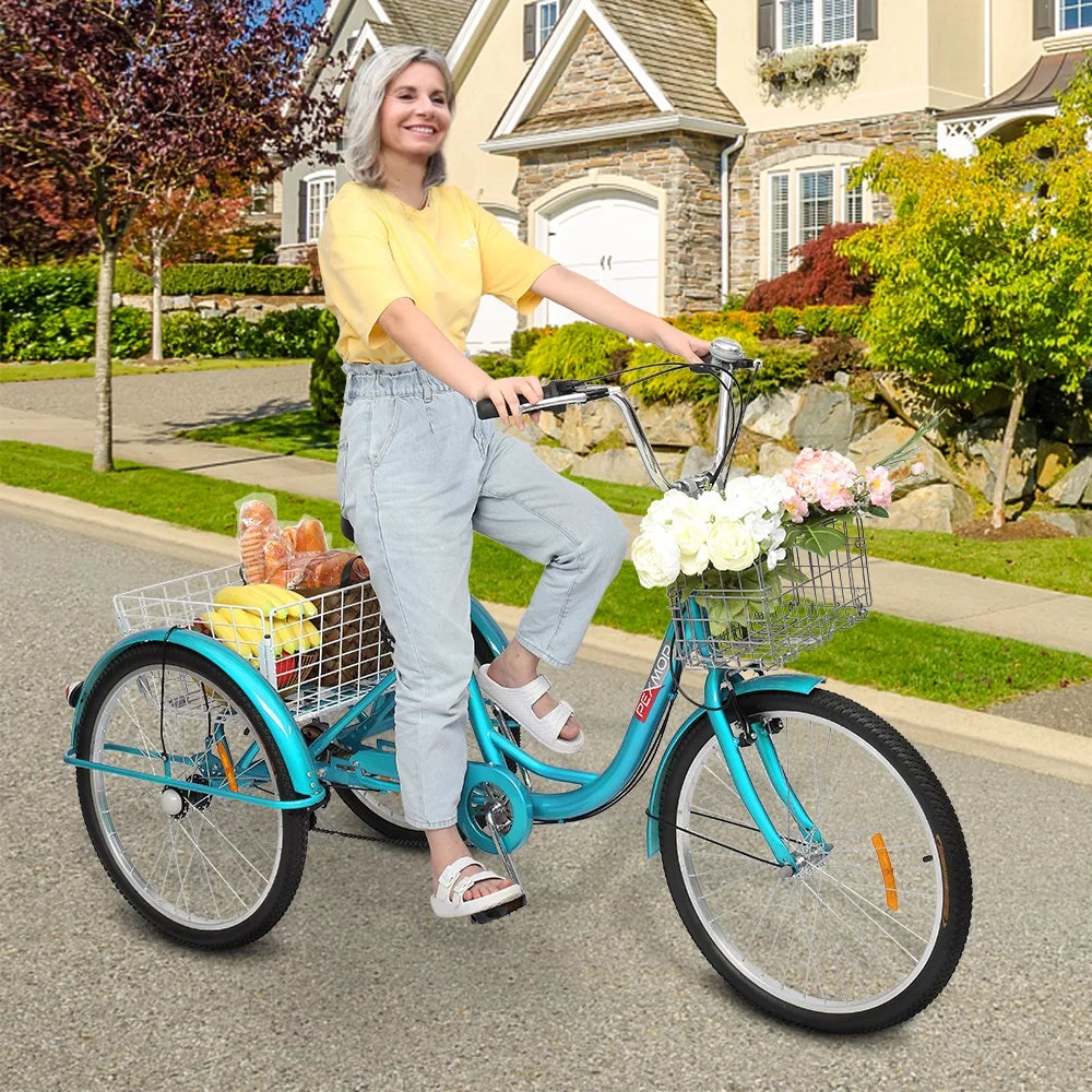 Adult Trike 7 Speed 24/26 Inch Three-Wheeled Cruiser Bike with Folding Front & Rear Basket Adjustable Height Seat L38390