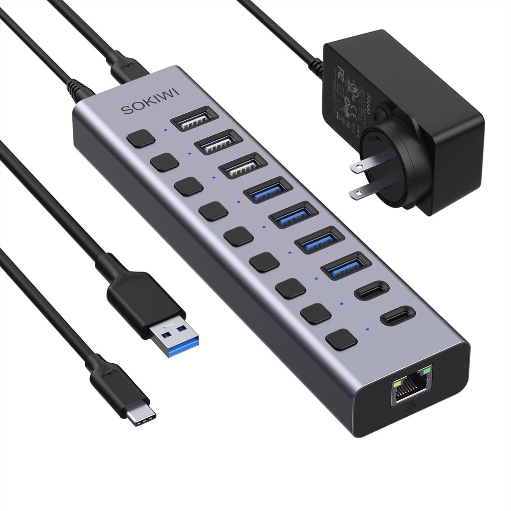10 Port Aluminum USB Hub with Ethernet, 12V/5A AC Adapter, Pack of 2 X6949