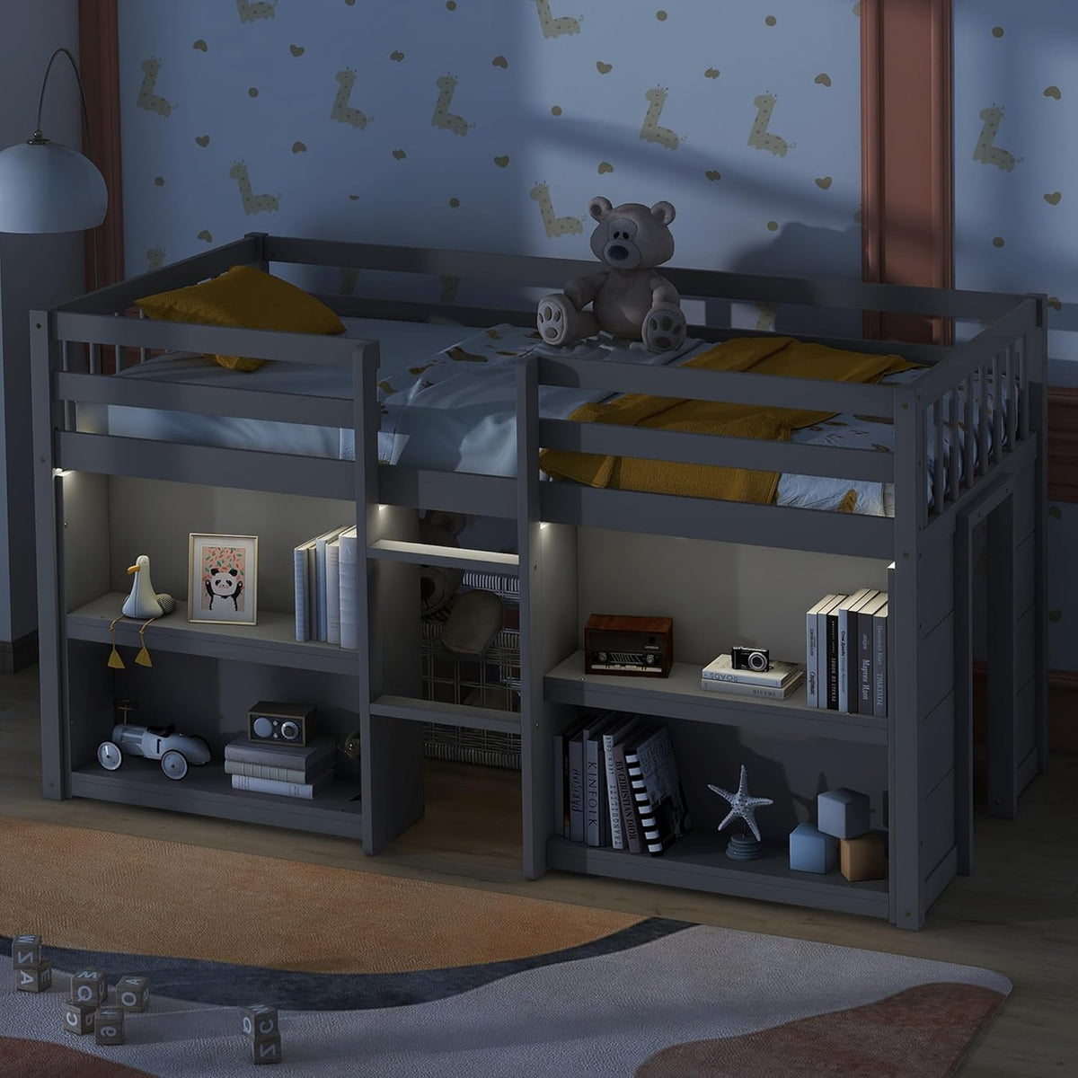 Grey LED Twin Low Loft Bed with Storage Shelves C3682
