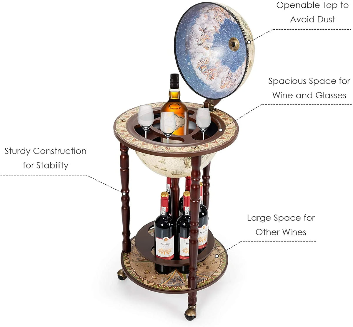 17.5” Creamy White Wood Globe Bar Cart with Wheels J7488