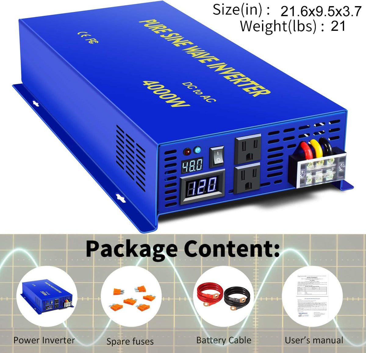 3500 Watt Pure Sine Wave Power Inverter 48V to 120V AC D9266