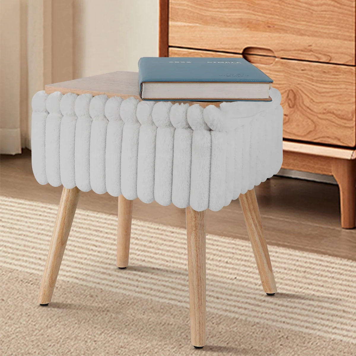 White Storage Ottoman Footstool with 4 Wood Legs V992109