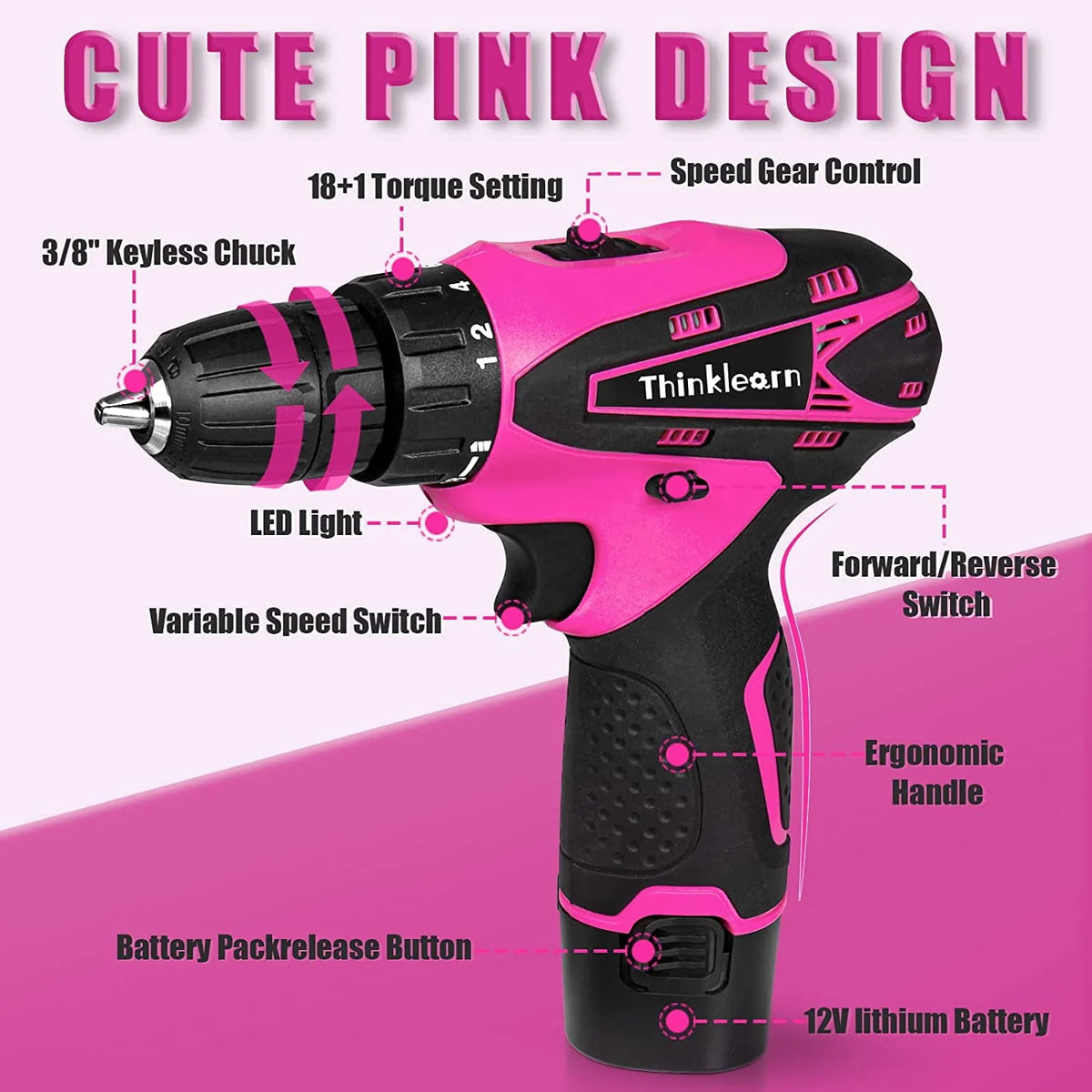 Pink 137 Piece Cordless Drill and Tool Set Y281
