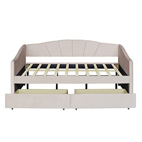 Beige Twin Size Upholstered Daybed with Two Storage Drawers A66066
