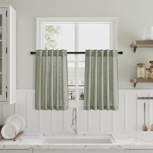 Beige Semi Sheer Linen Textured Tier Curtains 36 Inch Length 2 Panels H5080