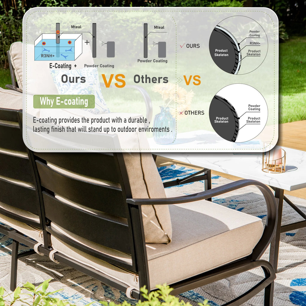 4 Pieces Patio Conversation Set with Fire Pit Table Steel Sectional Sofa Beige Cushions M5596