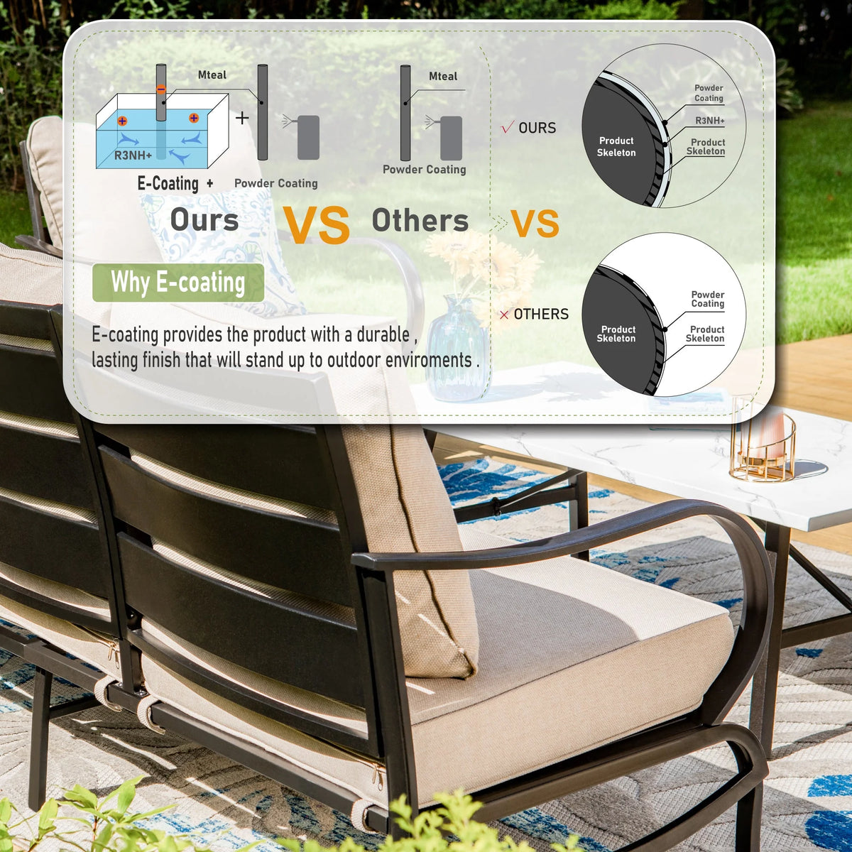 4 Pieces Patio Conversation Set with Fire Pit Table Steel Sectional Sofa Beige Cushions M5596