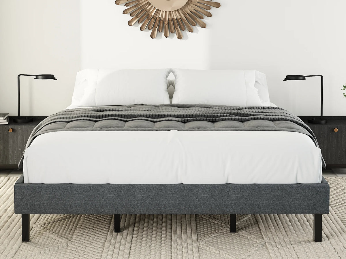 Grey King Size Upholstered Platform Bed Frame with Wood Slats X758