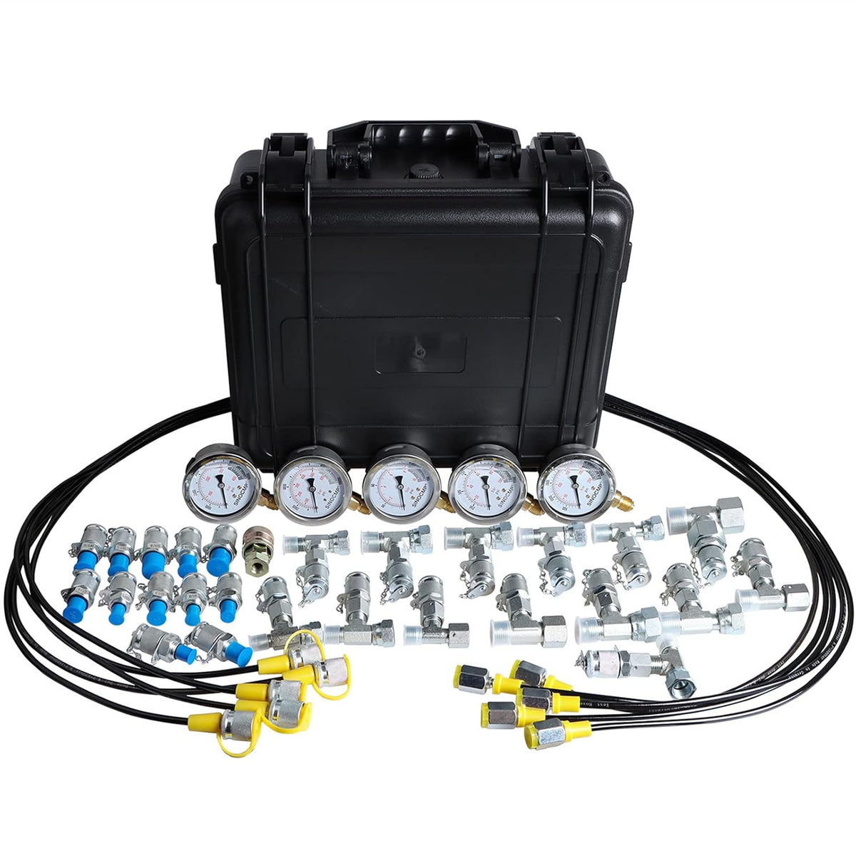 Hydraulic Pressure Test Kit with 5 Gauges 5 Test Hoses 13 Couplings and 14 Tee Connectors S6692