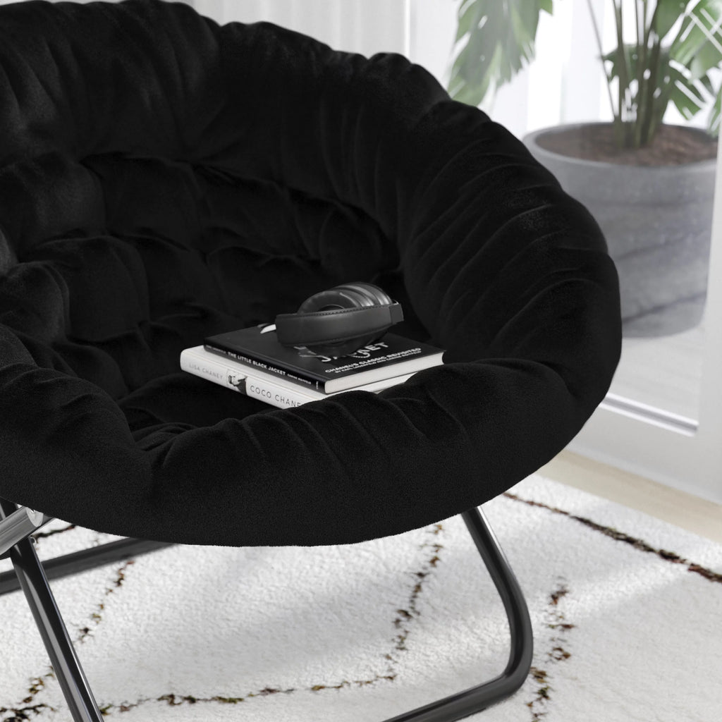 Oversize Black Faux Fur Folding Saucer Moon Chair H20366