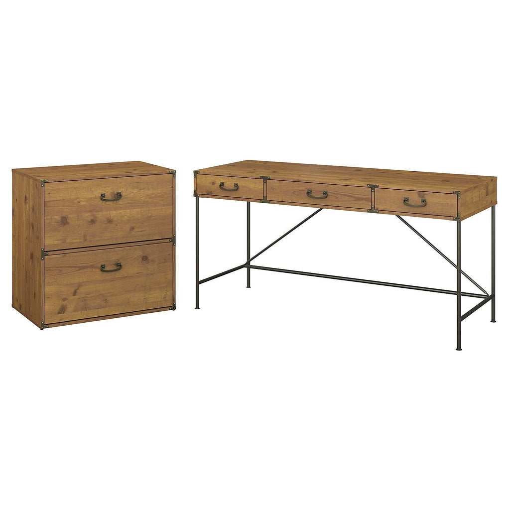 Vintage Golden Pine Writing Desk with Lateral File Cabinet Y47054