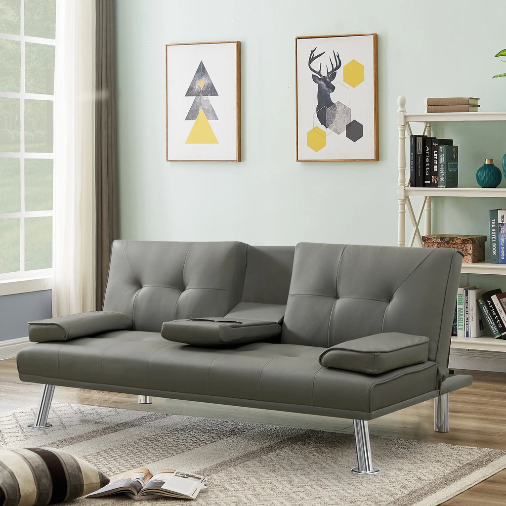 Gray Faux Leather Loveseat Sofa Bed with Cup Holders G547437