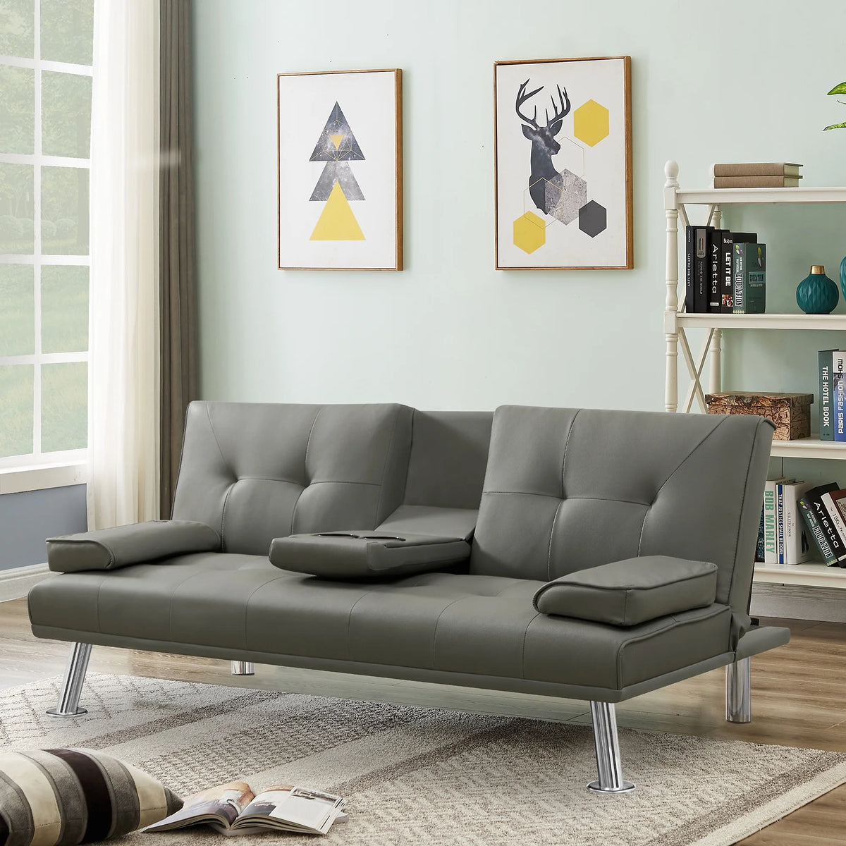 Gray Faux Leather Loveseat Sofa Bed with Cup Holders G547437