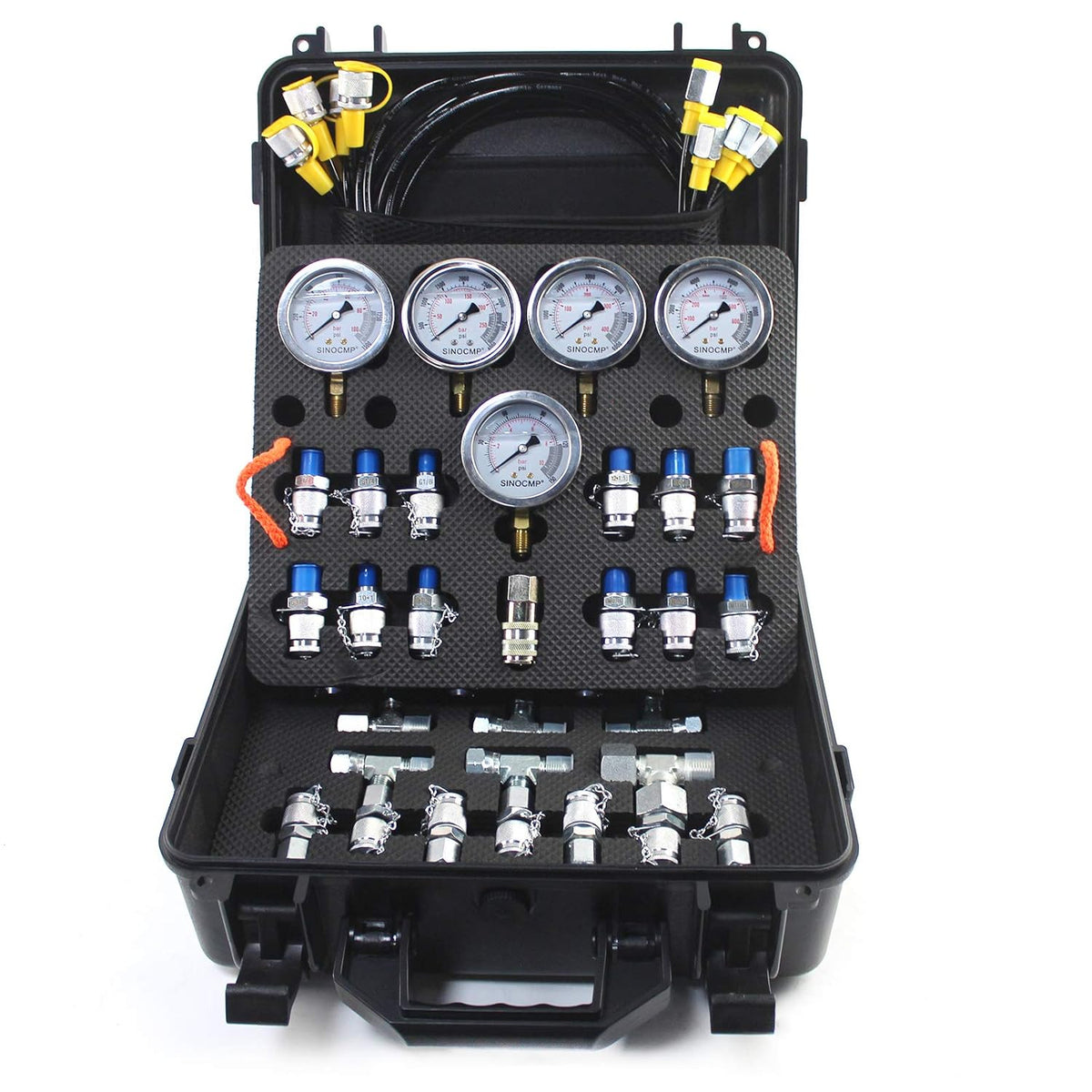 Hydraulic Pressure Test Kit with 5 Gauges 5 Test Hoses 13 Couplings and 14 Tee Connectors S6692