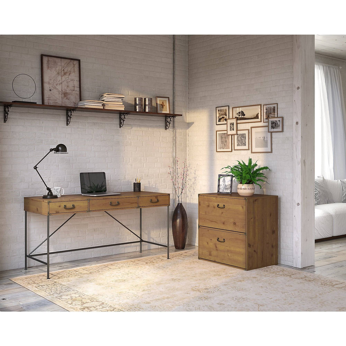 Vintage Golden Pine Writing Desk with Lateral File Cabinet Y47054