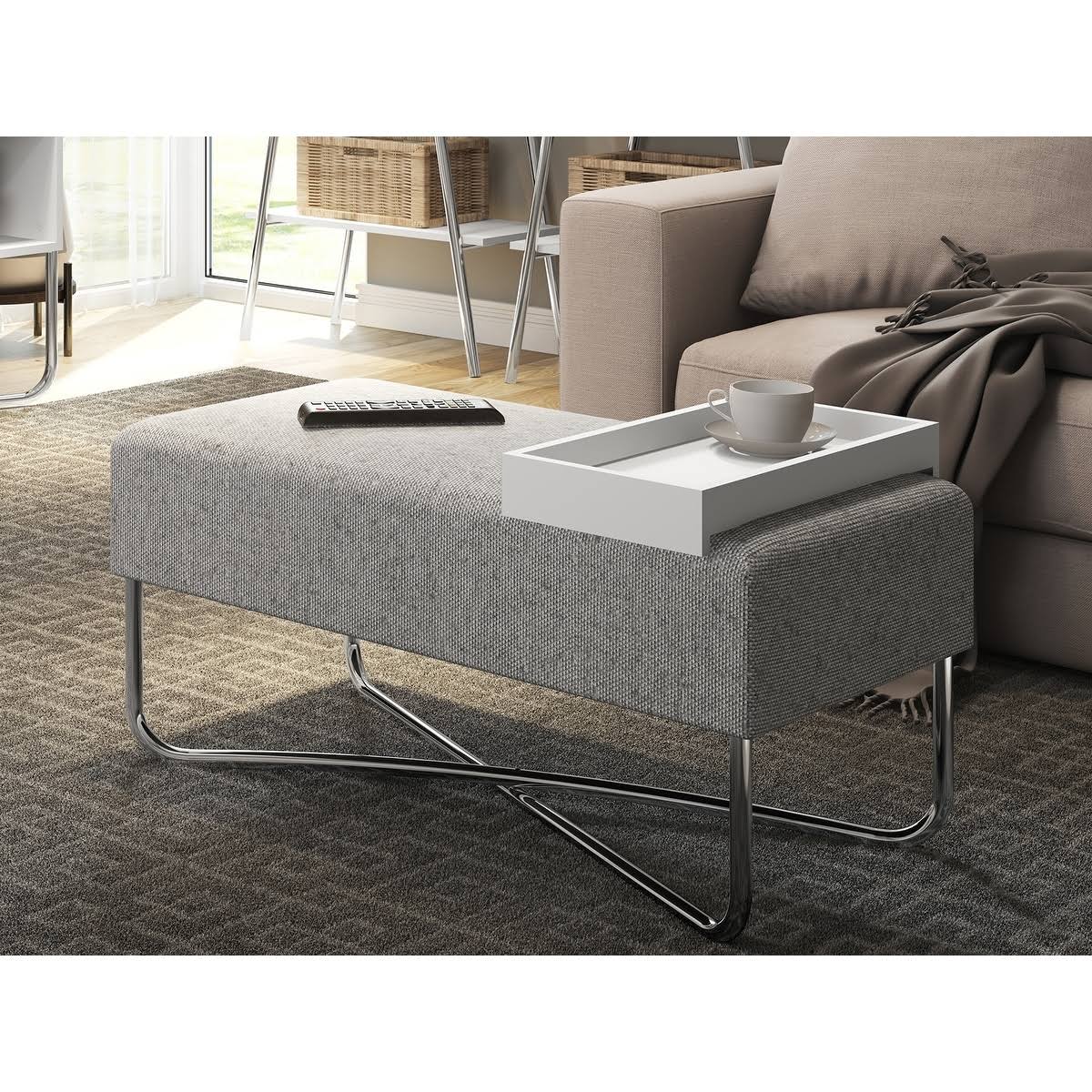 Light Gray Linen Fabric Bench with Chromed Base and White Tray D8783