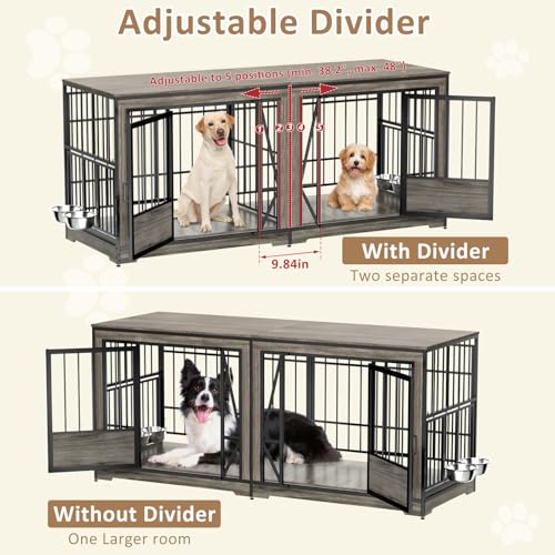 Brown Extra Large Double Dog Crate Furniture with Adjustable Divider V8065