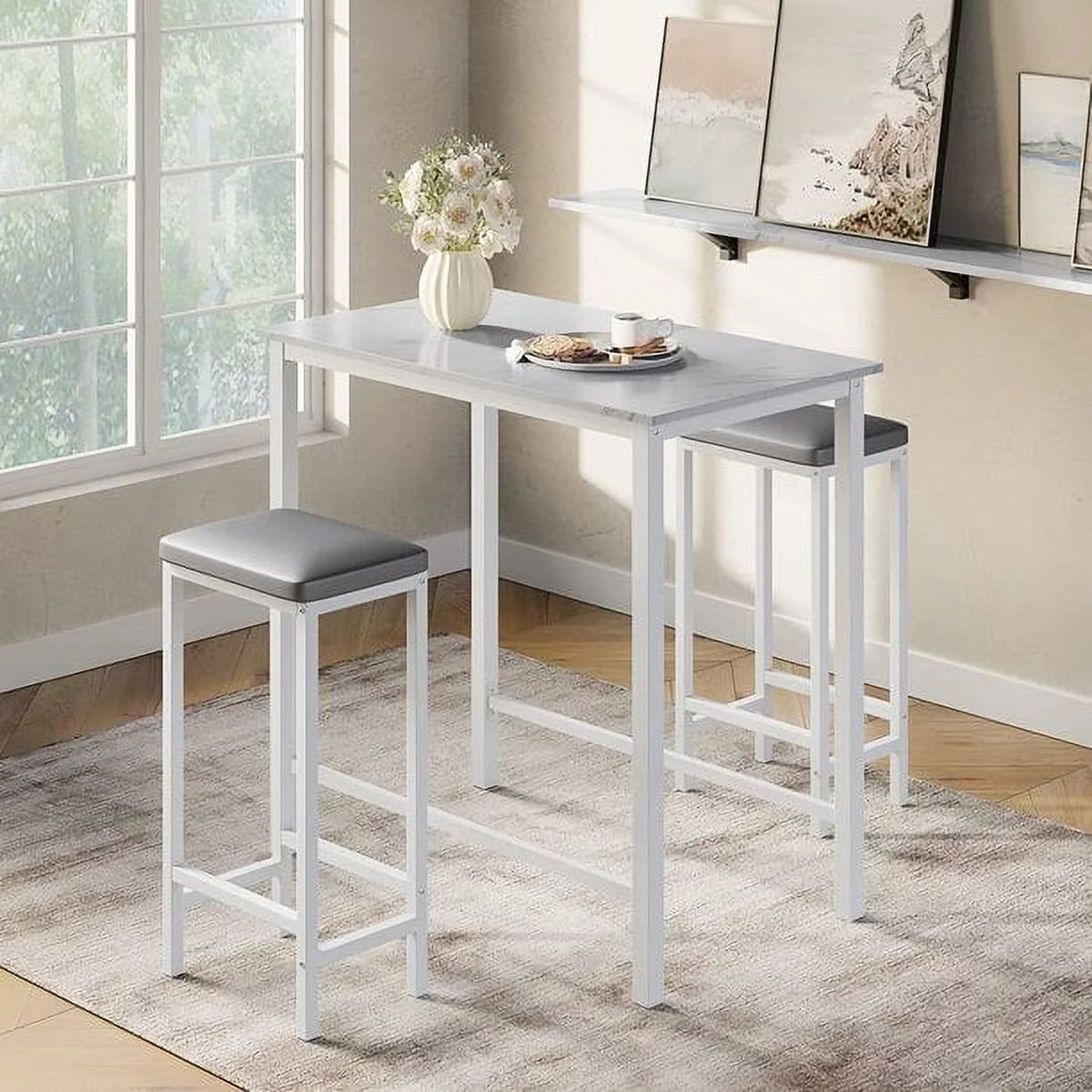 White 3-Piece Kitchen Table Set with 2 Backless Stools K498128