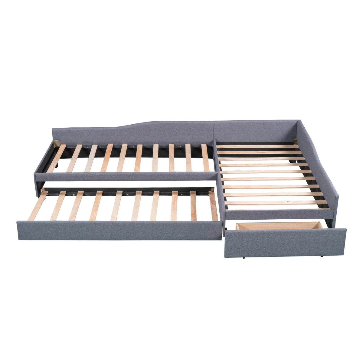 Gray L-Shaped Daybed with Trundle and Drawers, Twin Size Upholstered Sofa Bed X8841