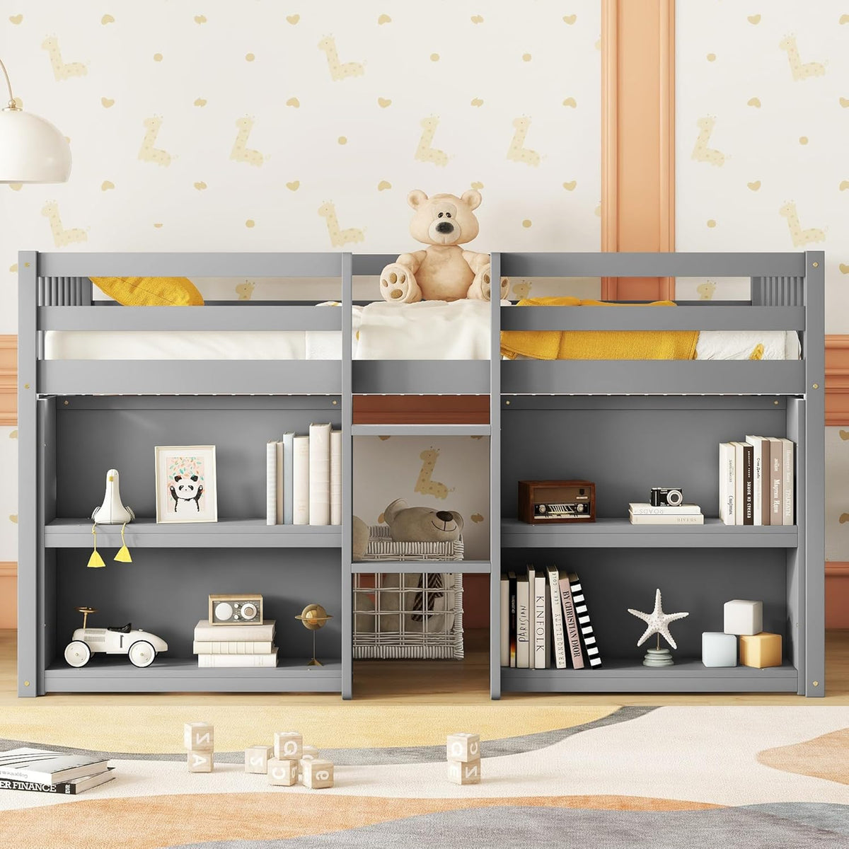 Grey LED Twin Low Loft Bed with Storage Shelves C3682