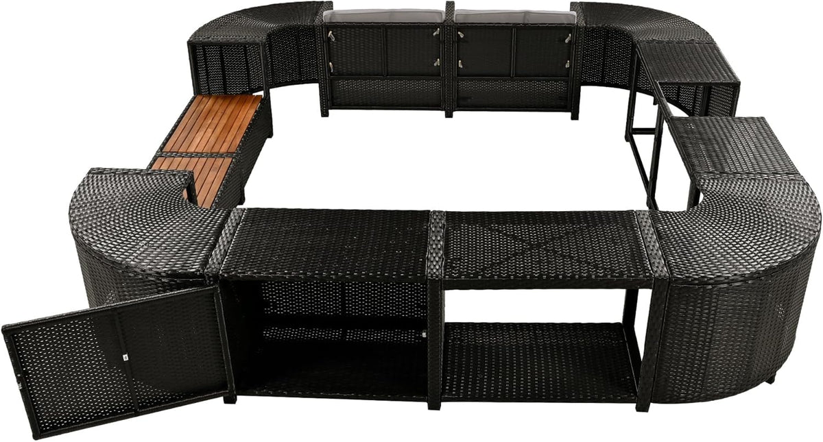 Gray Outdoor Rattan Sectional Sofa with Wooden Seats and Storage H6699