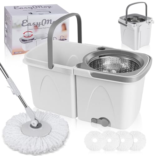 Spin Mop and Bucket with Wringer Set, 4 Reusable Microfiber Mop Pads Q2622