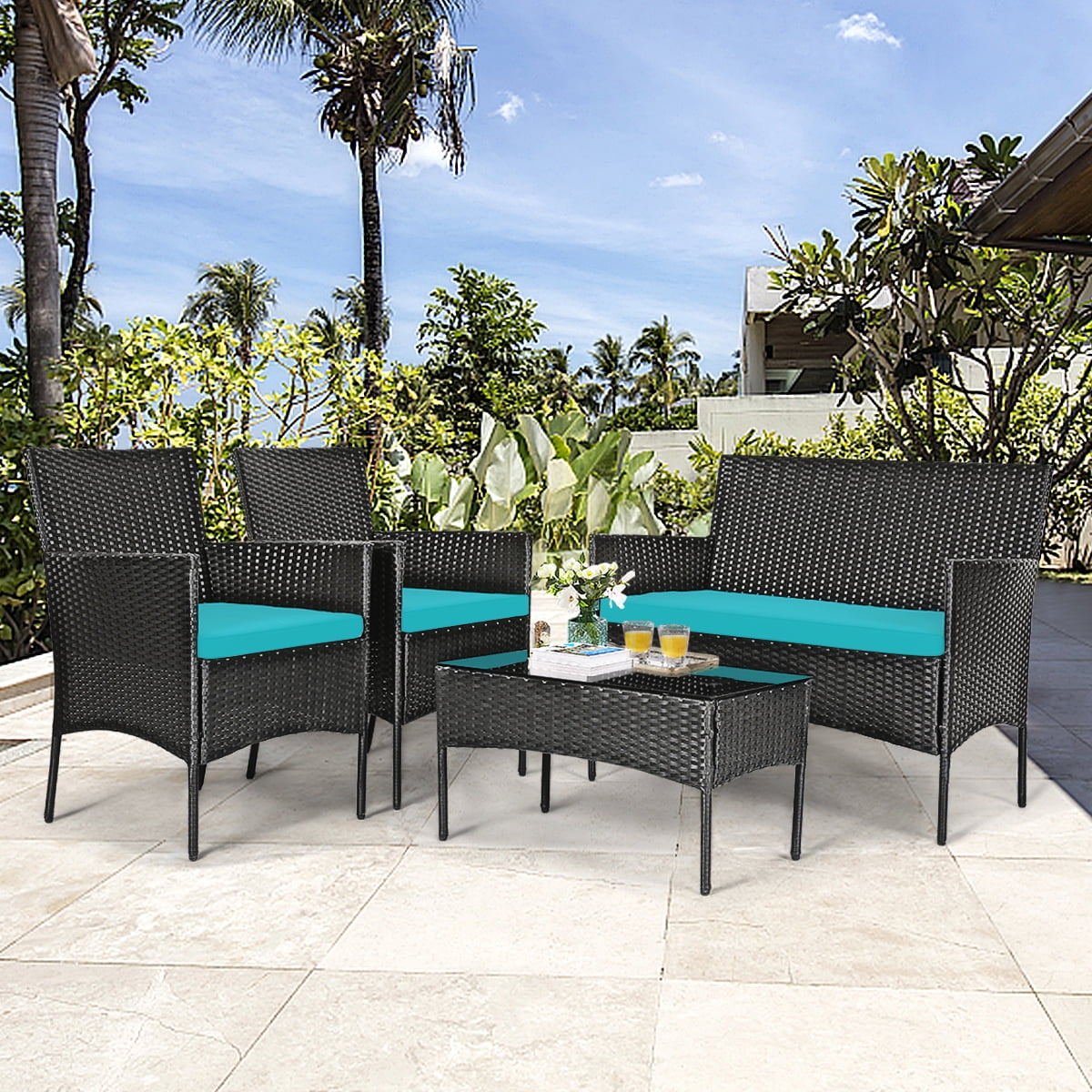 4 Pieces Patio Rattan Furniture Set Cushioned White B663