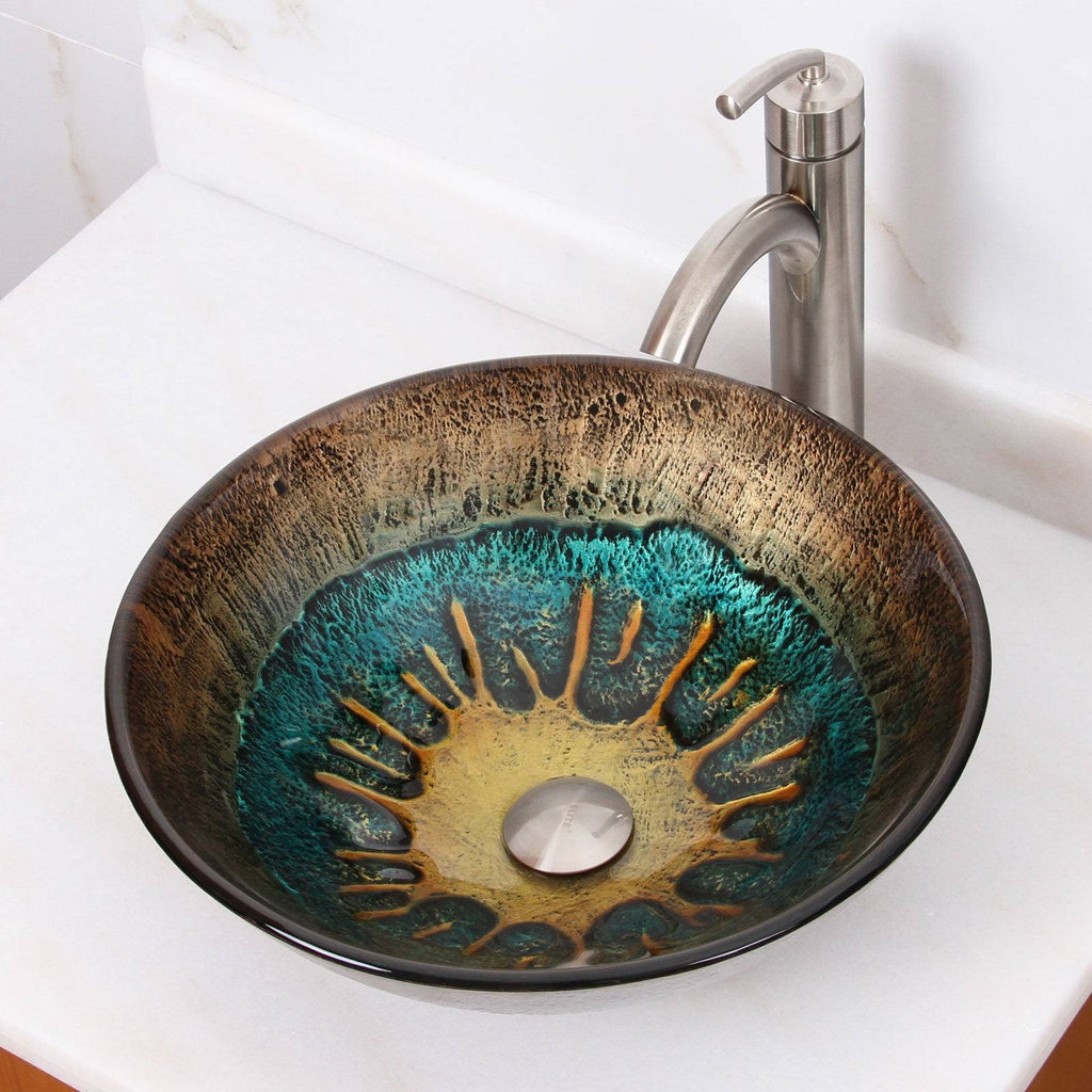 Tempered Glass Bathroom Vessel Sink & Brushed Nickel Faucet Combo W695
