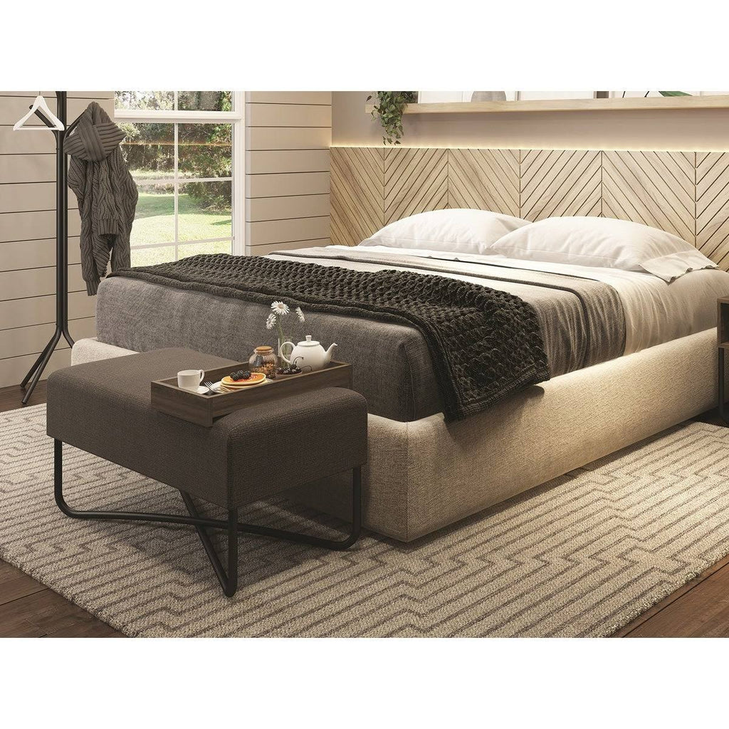 Light Gray Linen Fabric Bench with Chromed Base and White Tray D8783