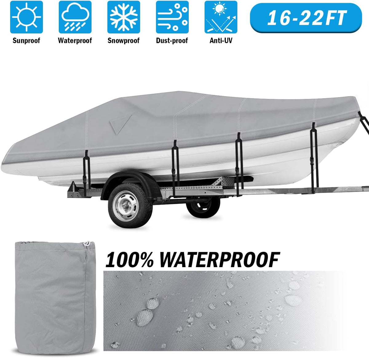 600D Waterproof Trailerable Boat Cover (17-19ft, Gray) N20997