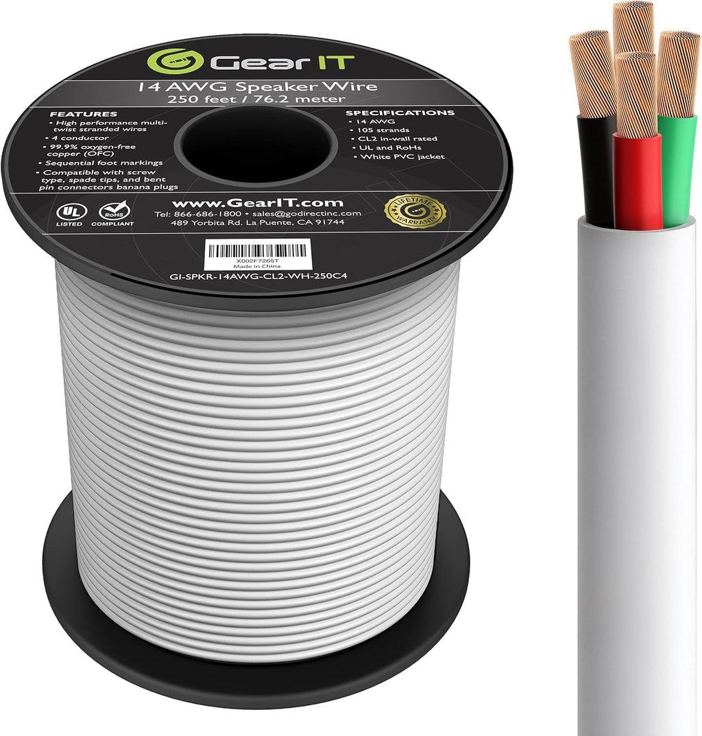 14/4 Speaker Wire 250 Feet 14AWG CL2 Rated 4 Conductors OFC Oxygen-Free Copper White X516767