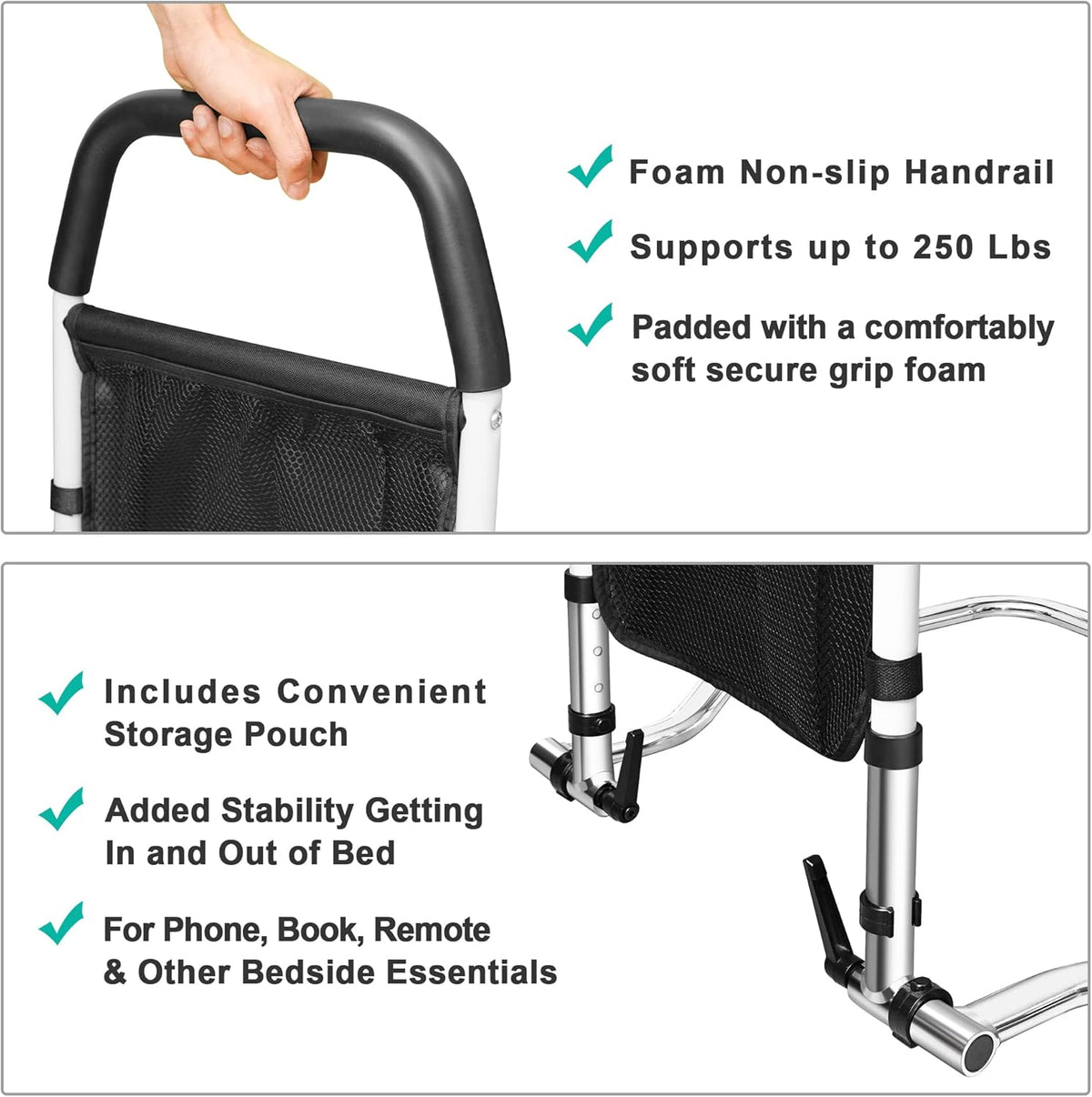 Bed Assist Rail with Fall Prevention Guard, Adjustable Height, Storage Pocket & Tablet Phone Holder, Pack of 2 Y6430