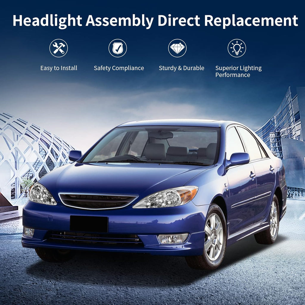 Headlight Assembly for CAMRY 2002 2003 2004 Chrome Housing Amber Reflector Clear Lens U651