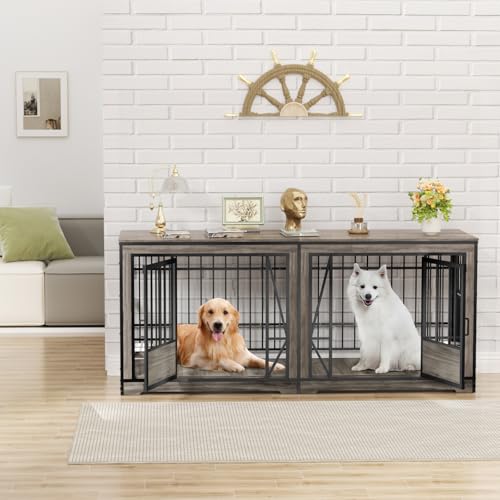 Brown Extra Large Double Dog Crate Furniture with Adjustable Divider V8065