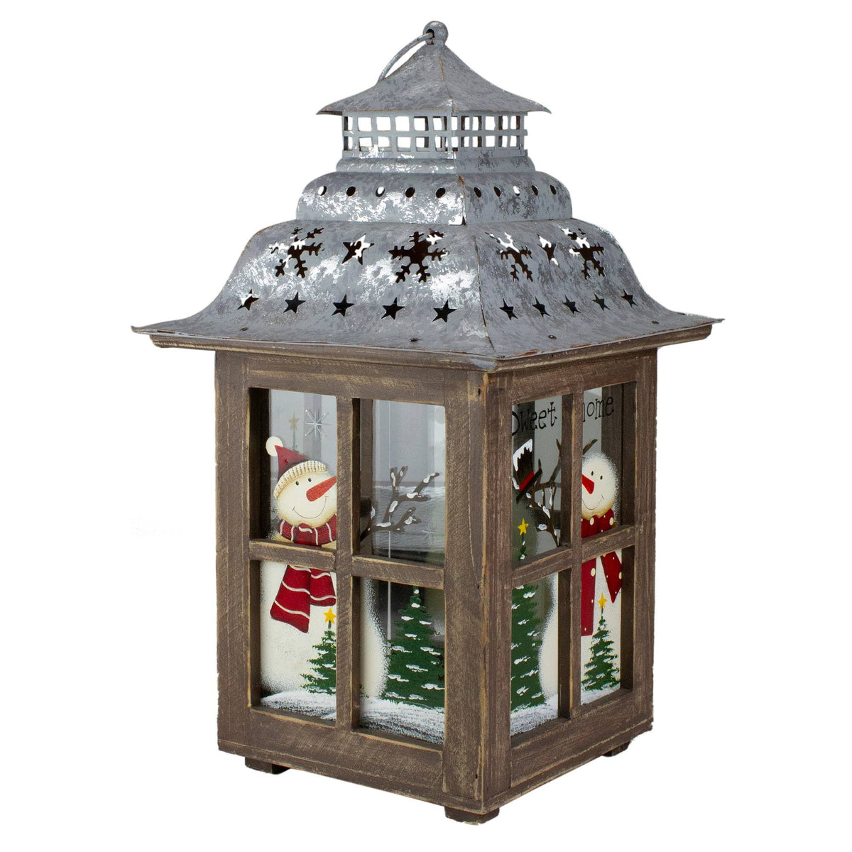 Rustic Wooden Snowman Holiday Scene Christmas Pillar Candle Lantern X161