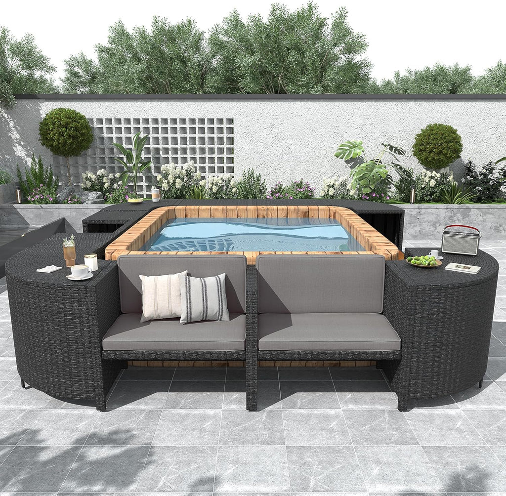 Gray Outdoor Rattan Sectional Sofa with Wooden Seats and Storage H6699