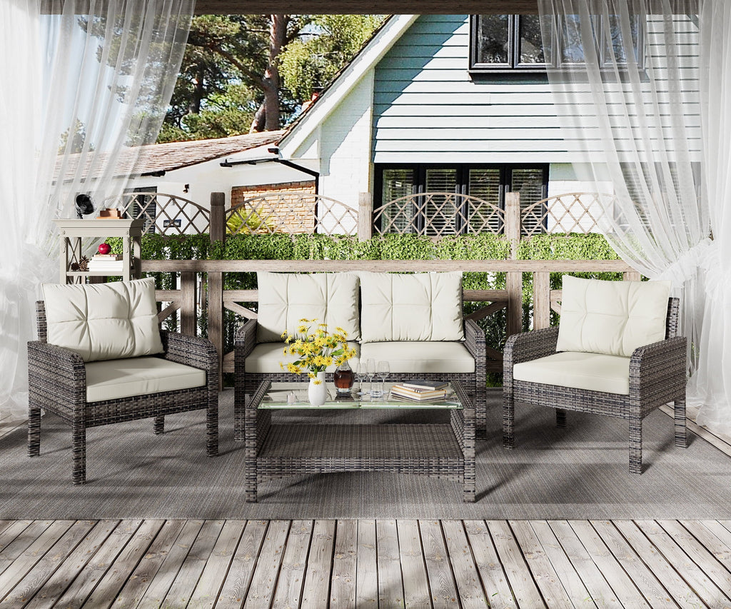 4-Piece Rattan Wicker Patio Furniture Set with Cushions V11229