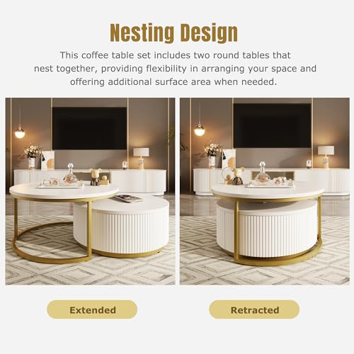 Round Nesting Coffee Table Set of 2 with Storage Drawer White I8333