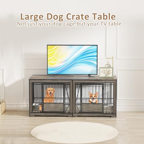 Brown Extra Large Double Dog Crate Furniture with Adjustable Divider V8065