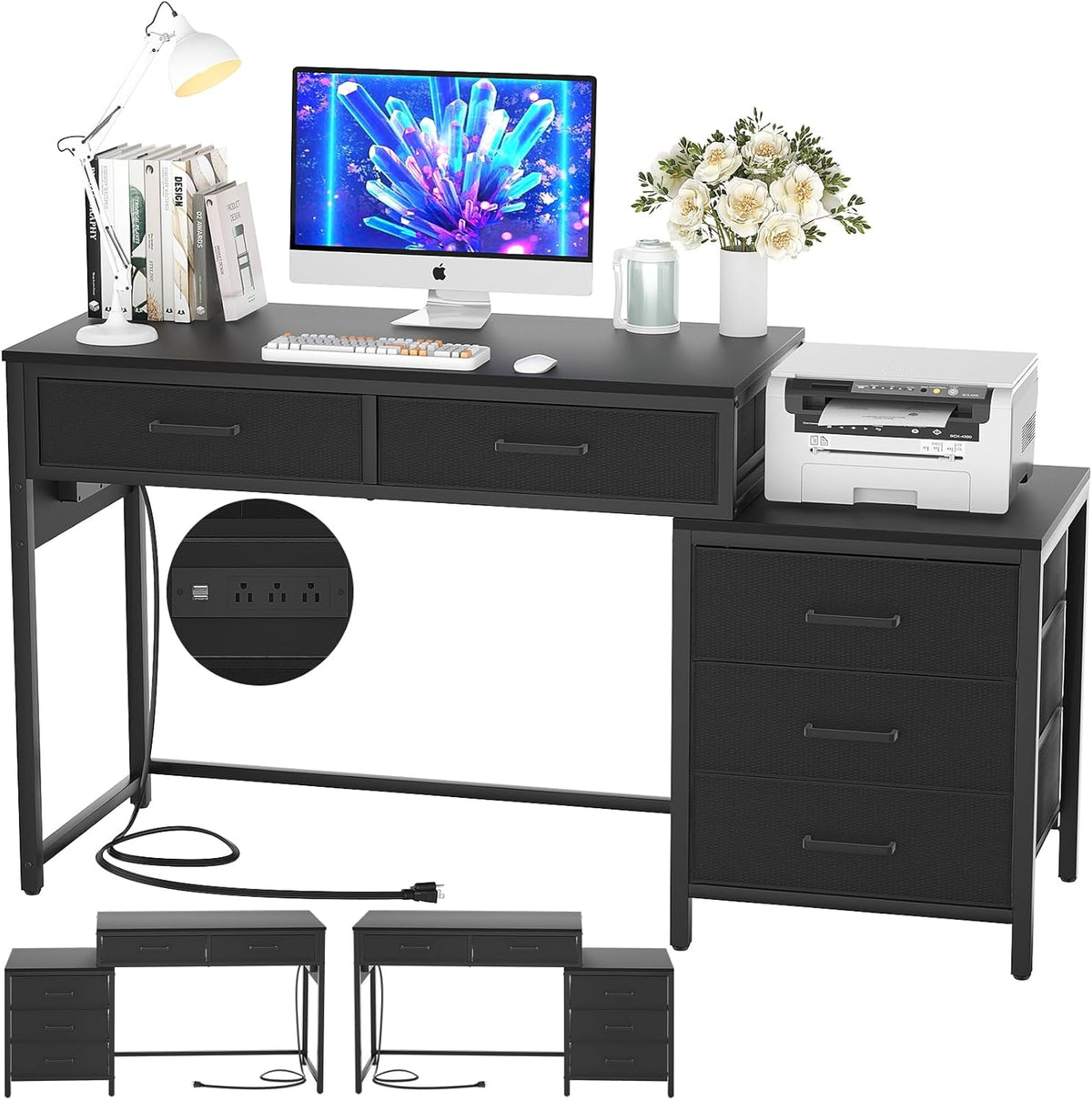 Black Computer Desk with 5 Drawers and Power Outlets T20717