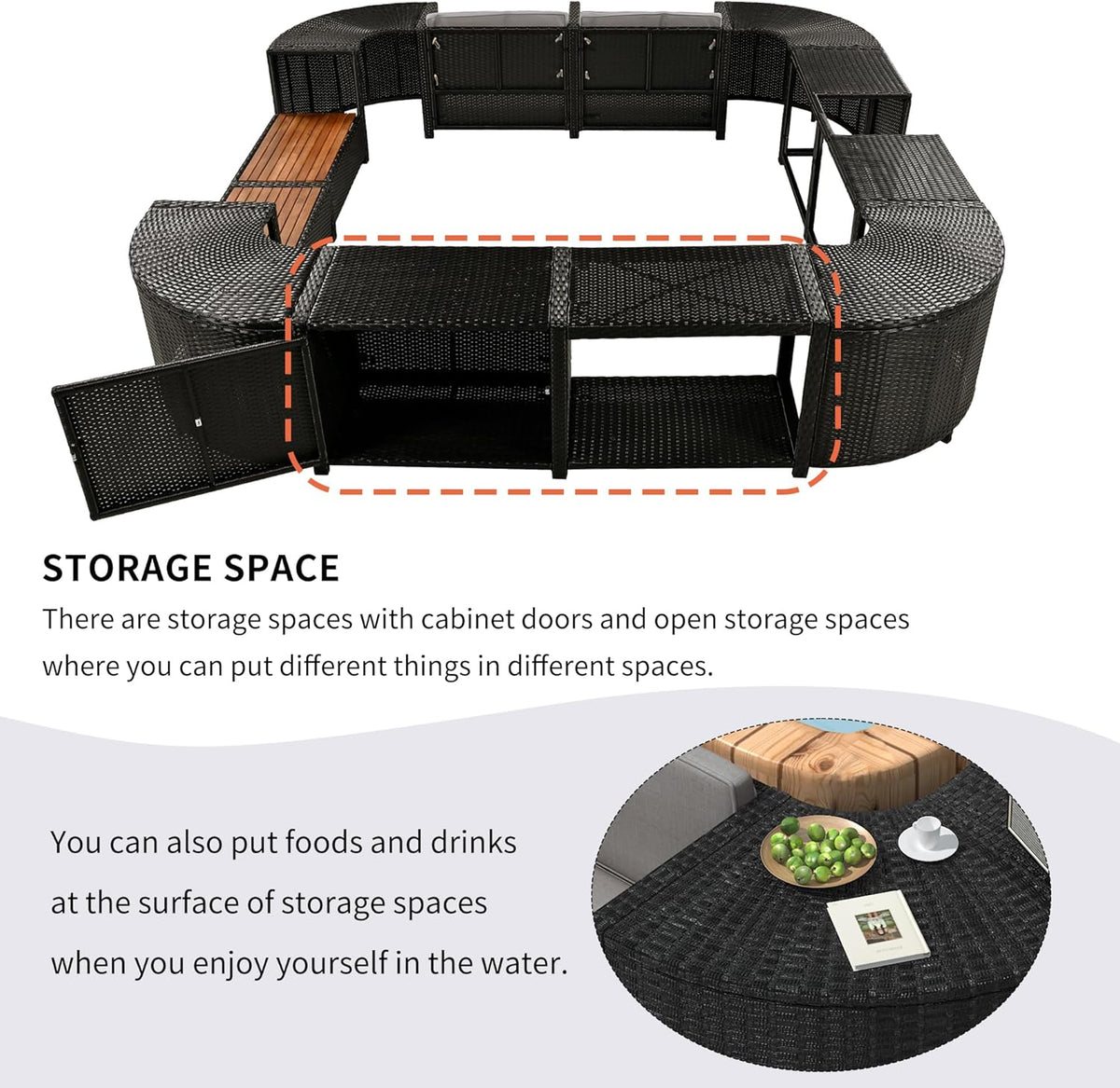 Gray Outdoor Rattan Sectional Sofa with Wooden Seats and Storage H6699