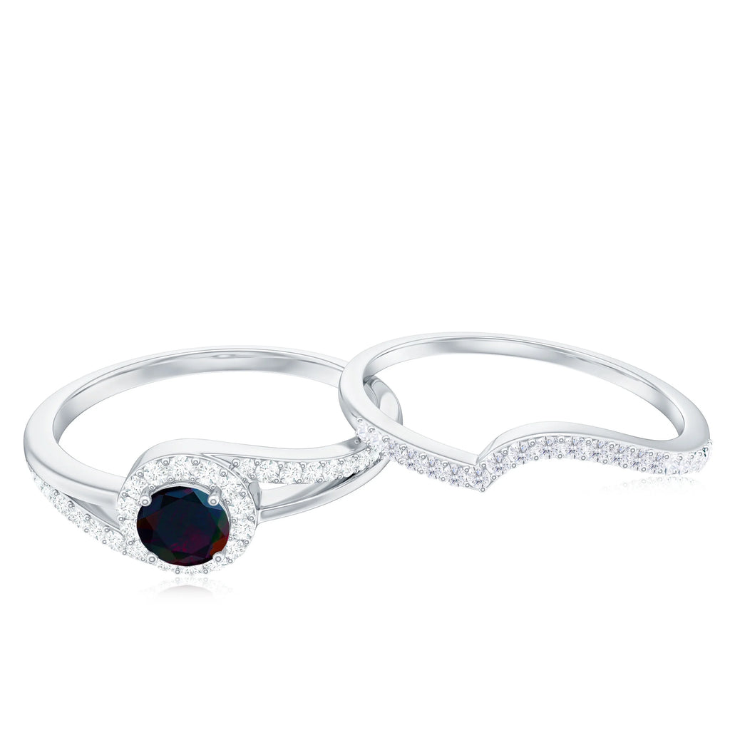 Natural Black Opal Ring Set with Diamond, 925 Sterling Silver, US 4.00 Q58850