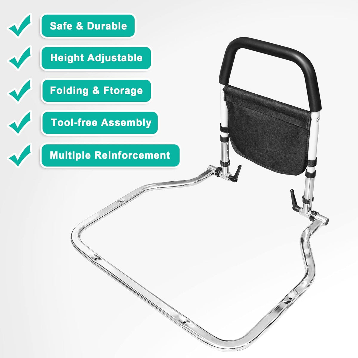 Bed Assist Rail with Fall Prevention Guard, Adjustable Height, Storage Pocket & Tablet Phone Holder, Pack of 2 Y6430