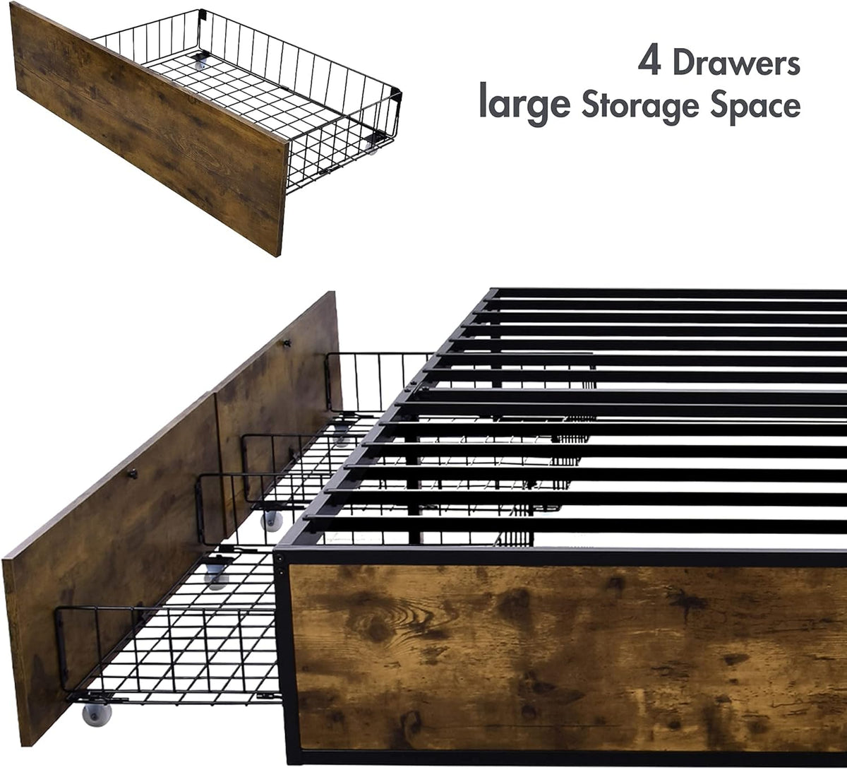 Industrial Full Size Metal Frame Bed with 4 Drawers E350