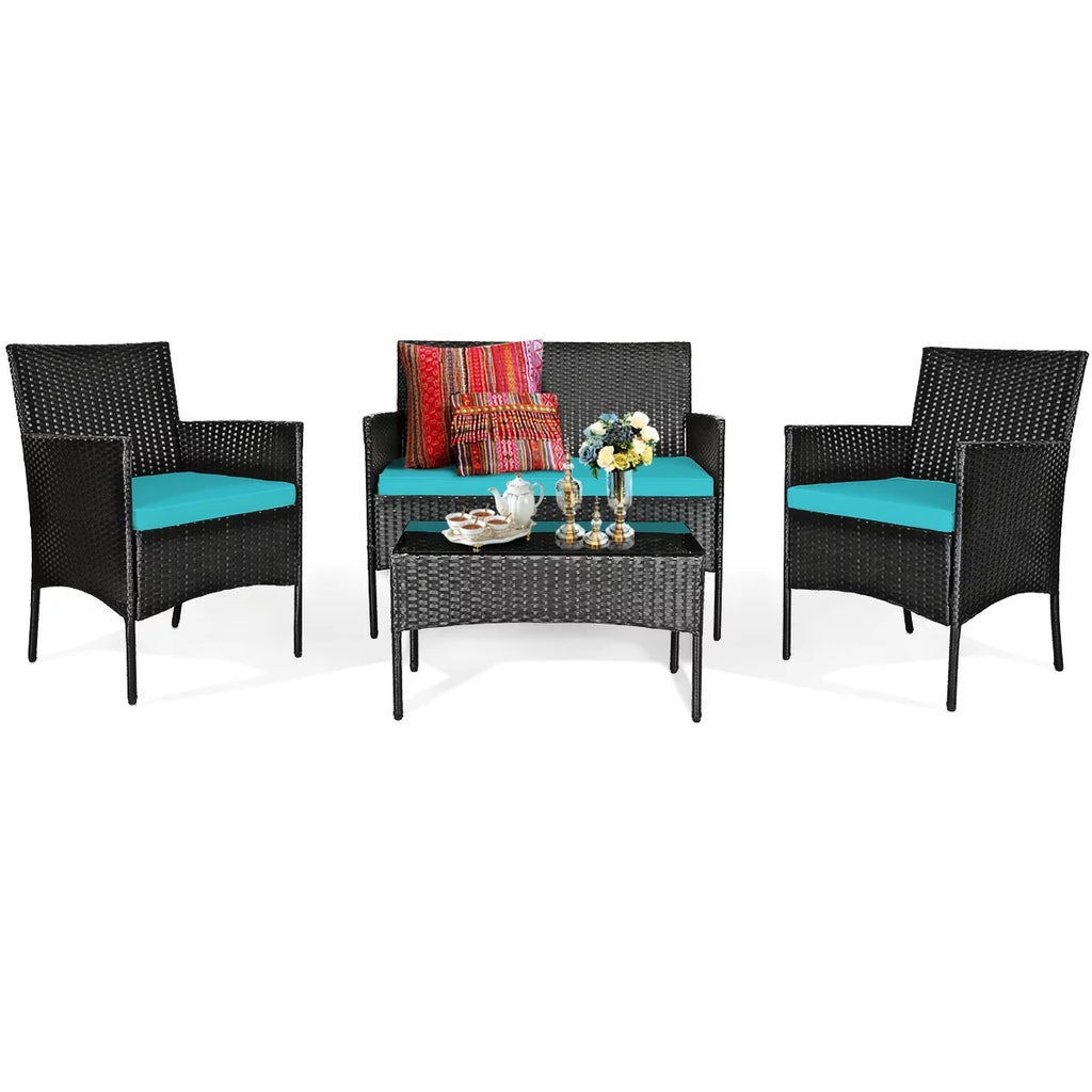 4 Pieces Patio Rattan Furniture Set Cushioned White B663