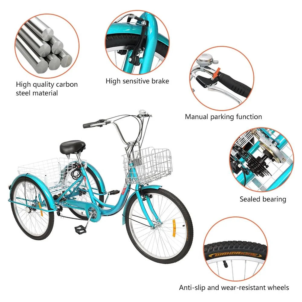 Adult Trike 7 Speed 24/26 Inch Three-Wheeled Cruiser Bike with Folding Front & Rear Basket Adjustable Height Seat L38390